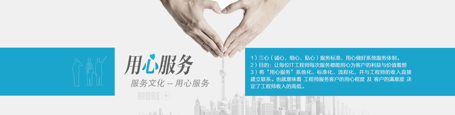 云烁快服的服务文化——用心服务。1）三心（诚心，细心，贴心）服务标准，用心做好系统服务体制。2）目的：让每位IT工程师每次服务都能用心为客户的利益与价值着想。3）将“用心服务”系统化、标准化、流程化，并与工程师的收入直接建立联系。也就意味着工程师服务客户的用心程度及客户的满意度决定了工程师收入的高低。